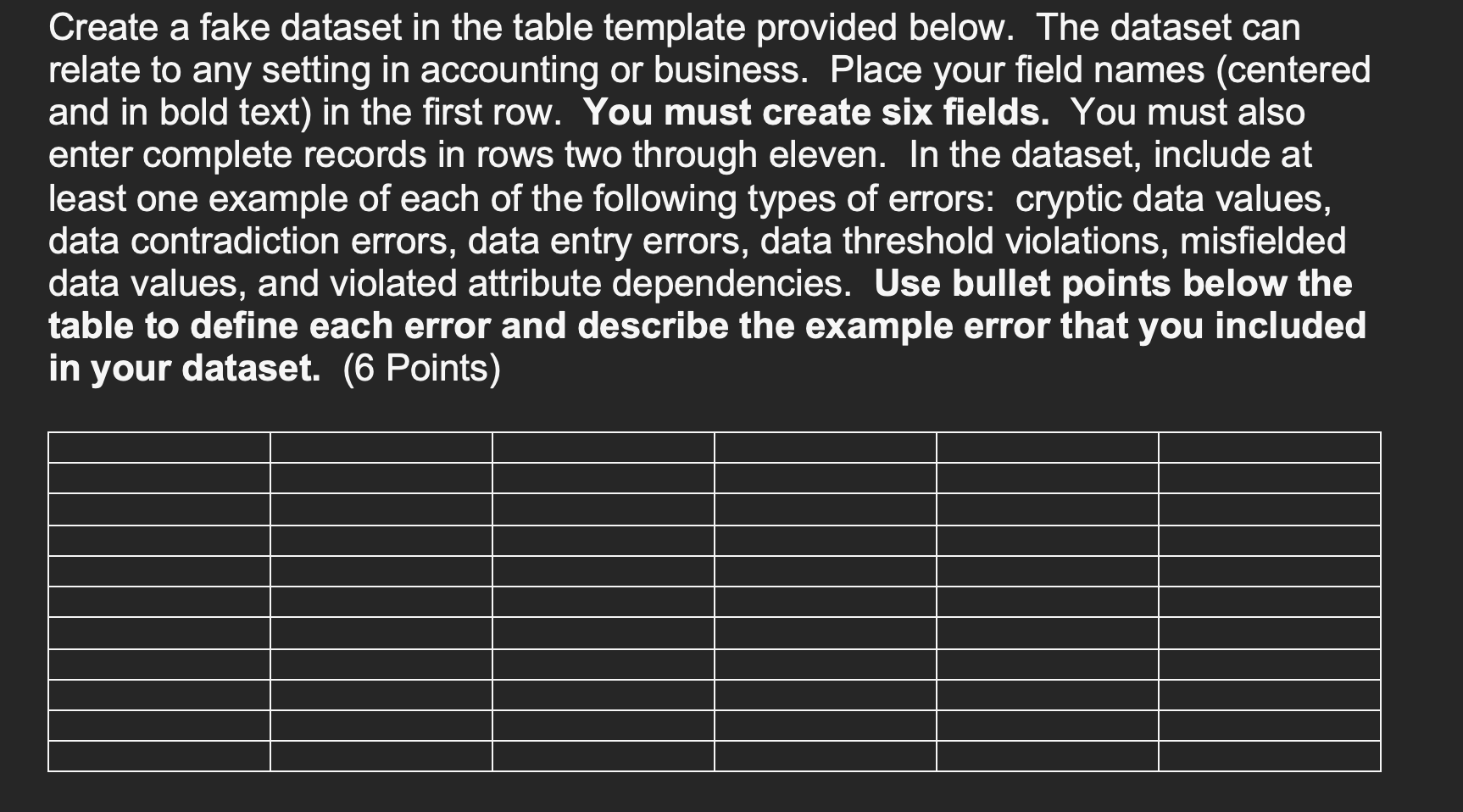 Create a fake dataset in the table template