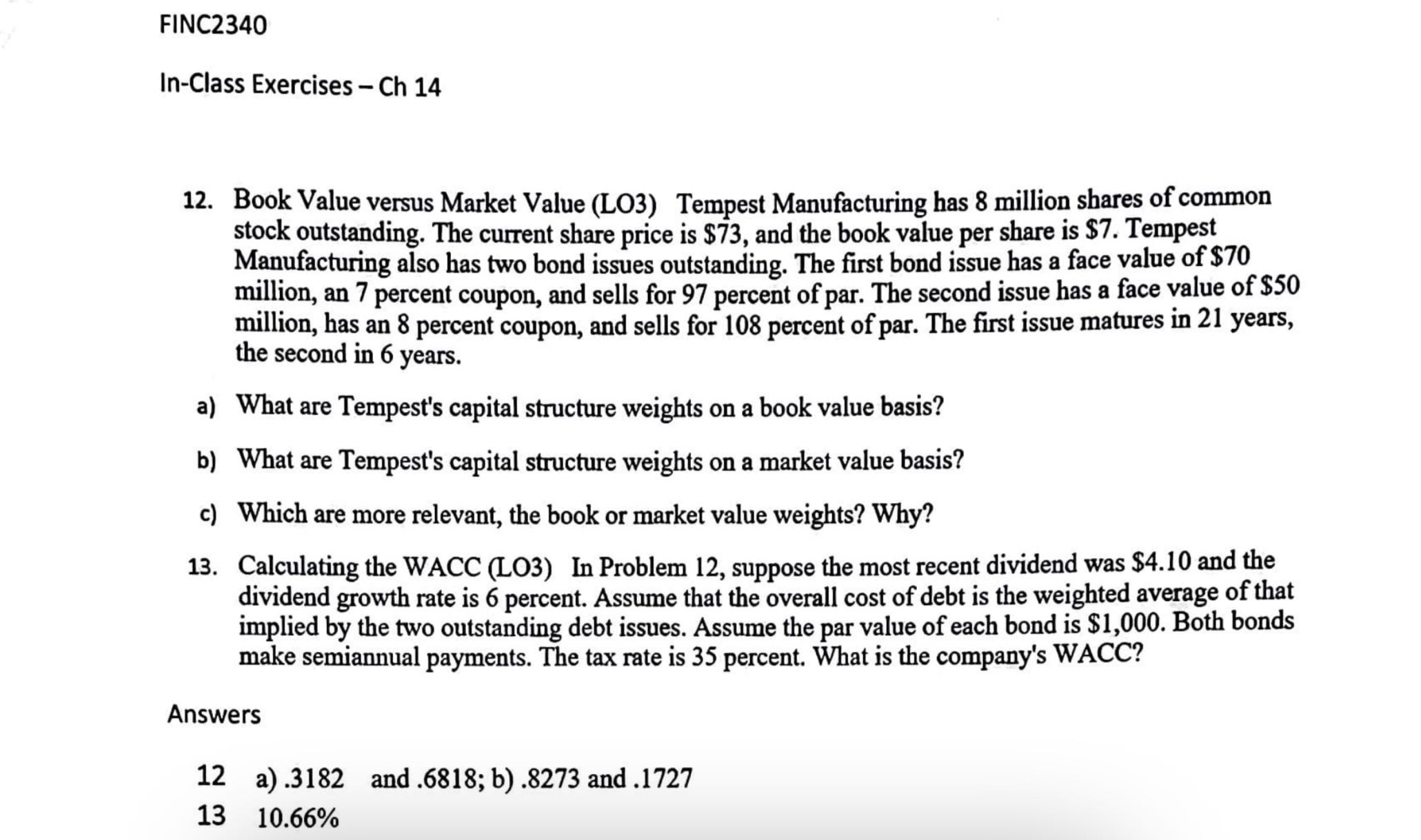 FINC2340 ln-Class Exercises - Ch 14 12. Book