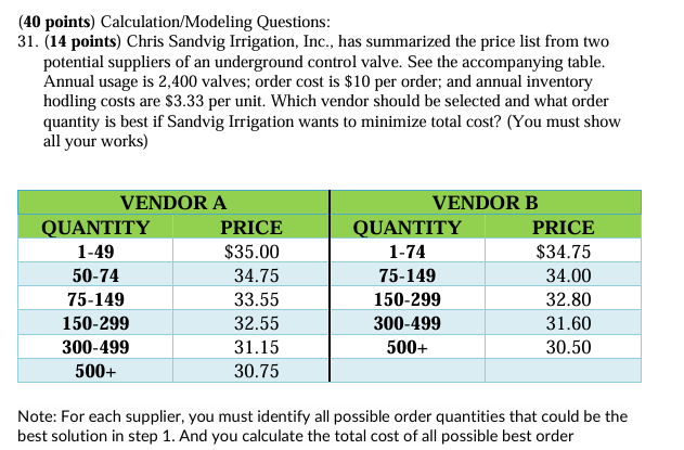(40 points) Calculation/Modeling Questions: 31.
