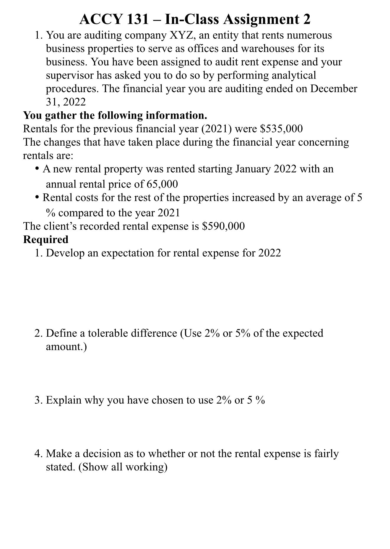 ACCY 1 3 1 - In - Class Assignment 2 You are