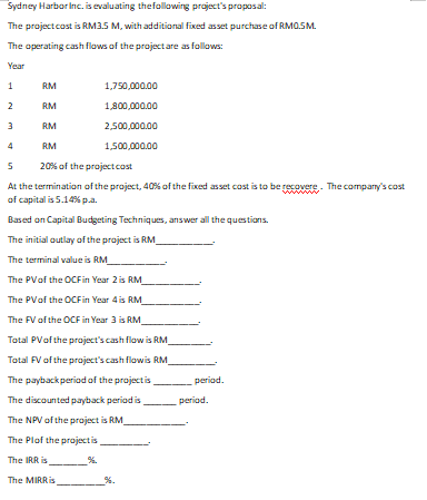 Sydney HarborInc. is evaluating the following