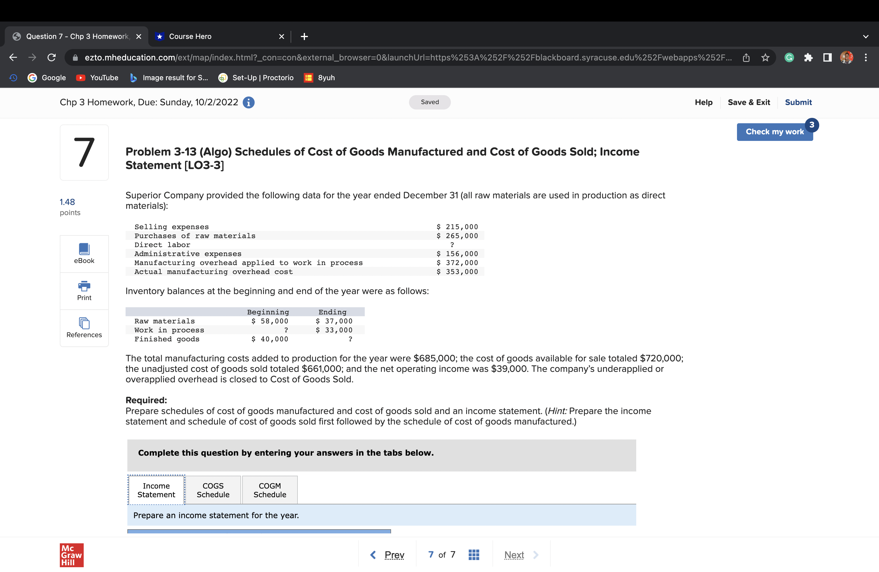 Question 7 - Chp 3 Homework, X *Course Hero C