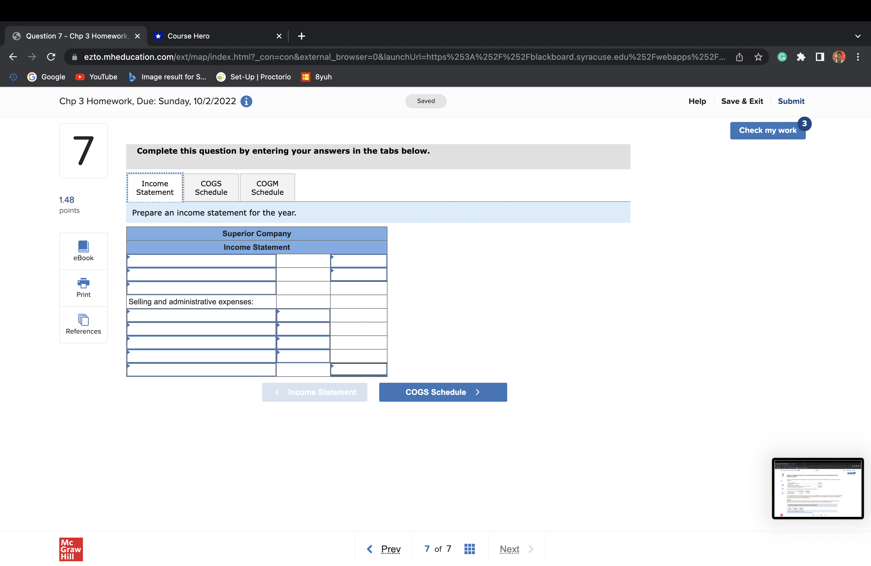 Question 7 - Chp 3 Homework, X *Course Hero C