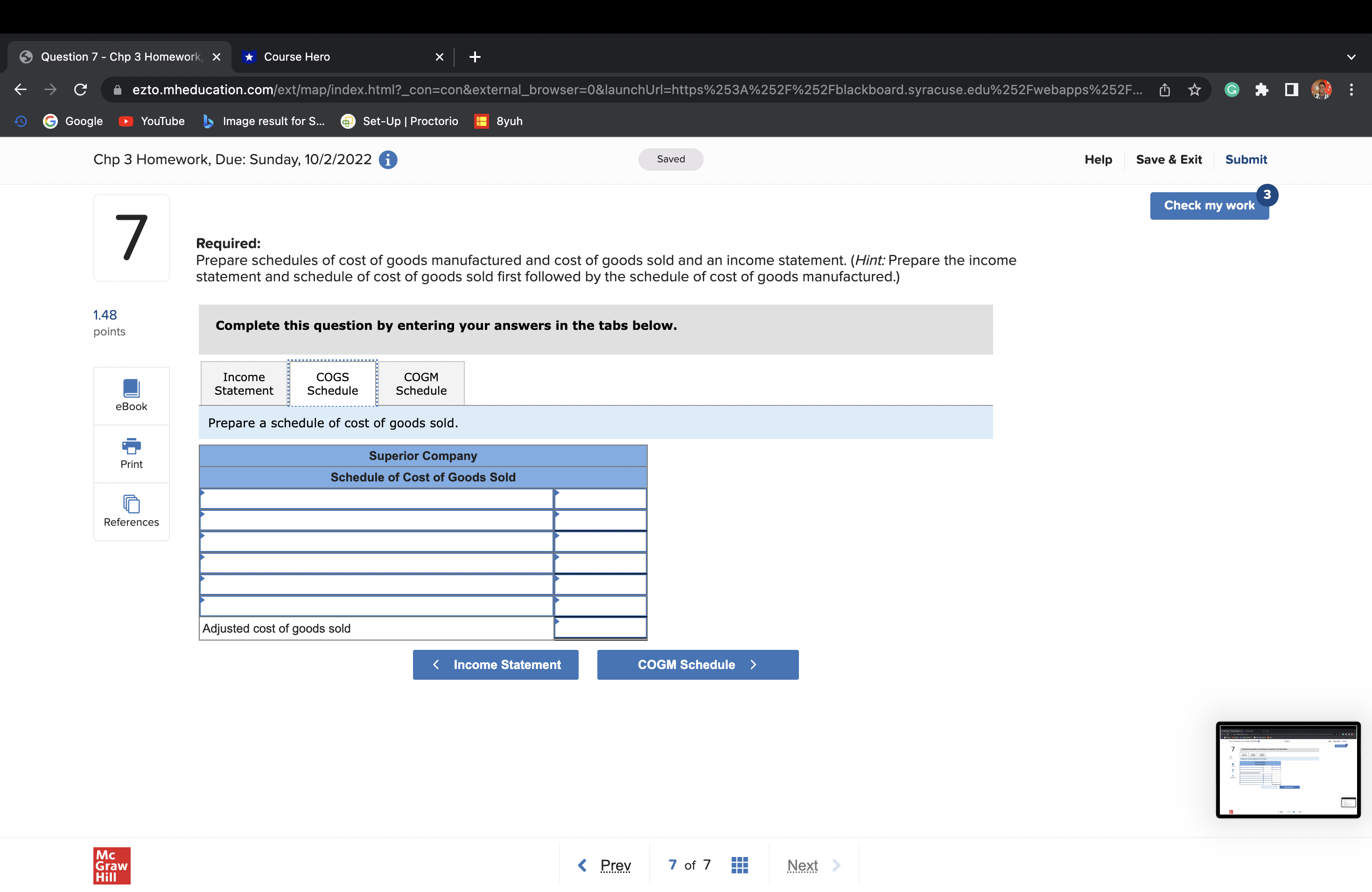 Question 7 - Chp 3 Homework, X *Course Hero C