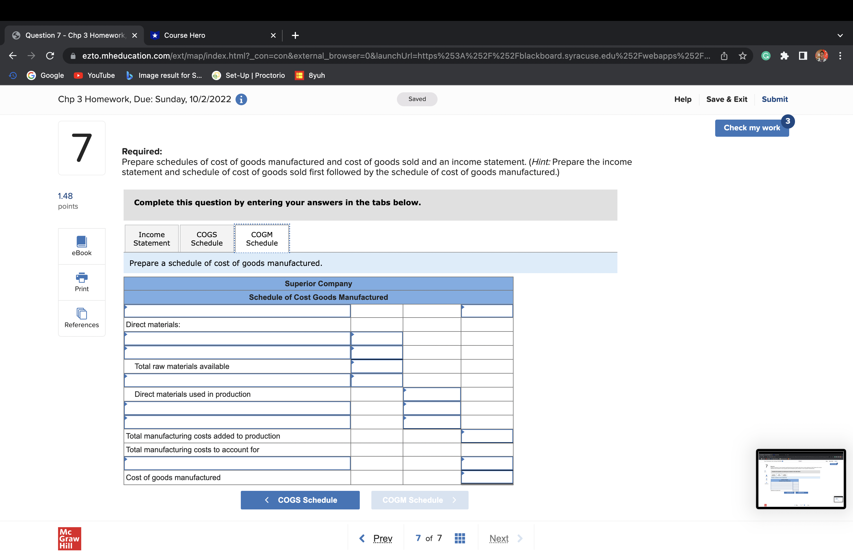 Question 7 - Chp 3 Homework, X *Course Hero C