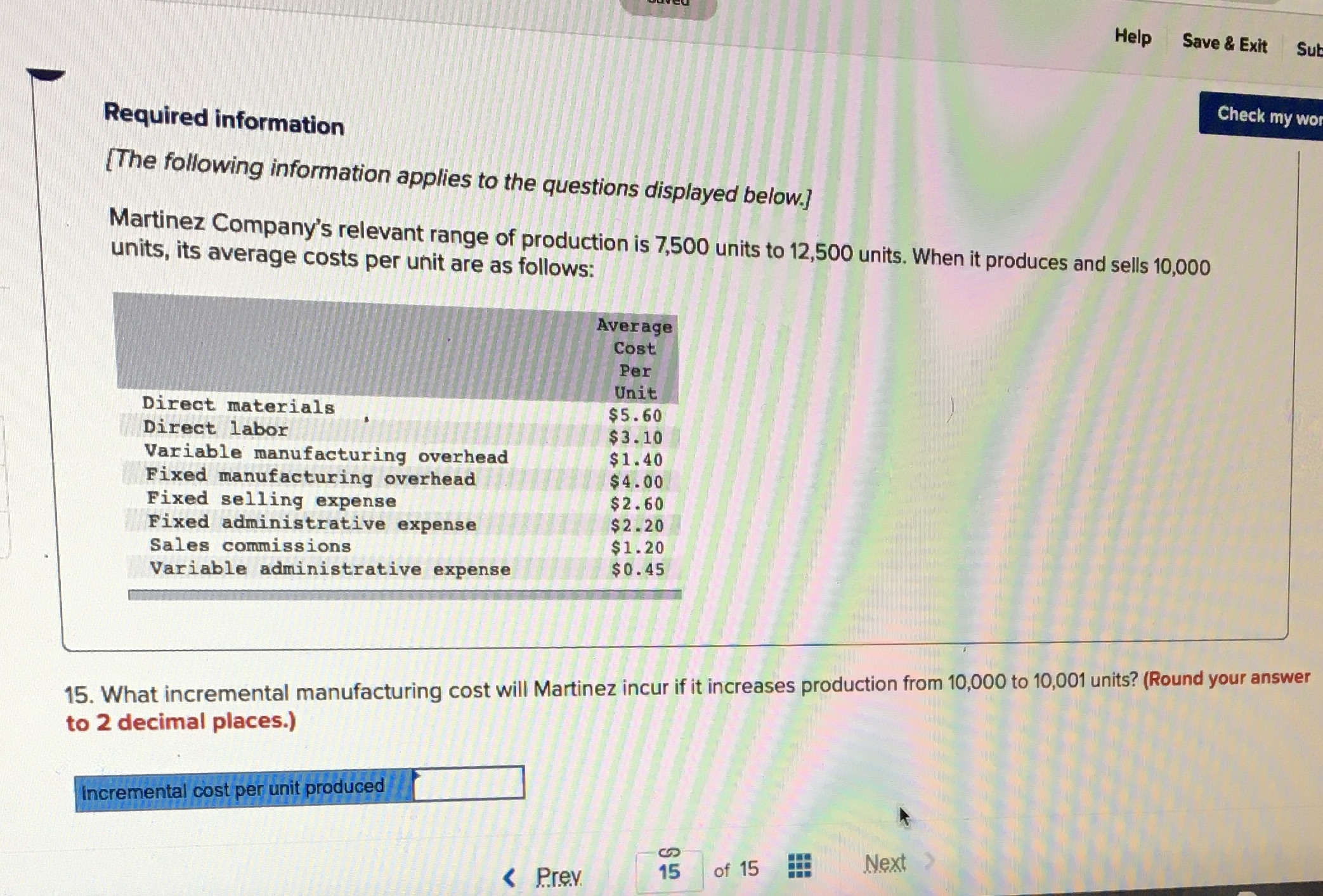 Question 15 Help Save & Exit Sul Check my wor