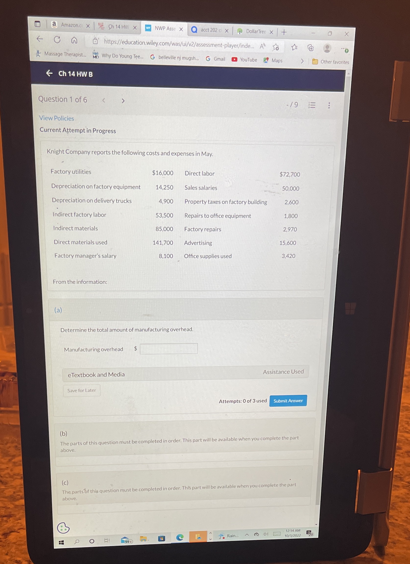 Part A , part B and part C a Amazon.c X Ch 14 HW
