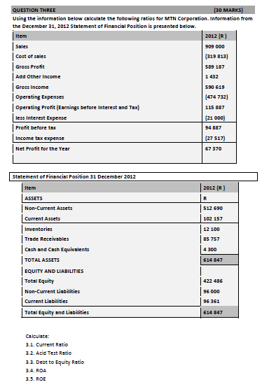 QUESTION THREE (30 MARKS] Using the information