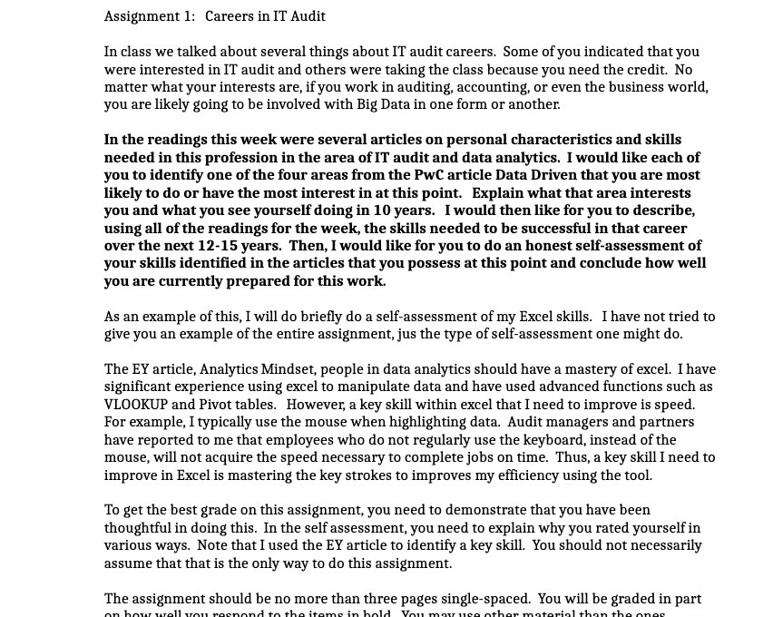 Assignment 1: Careers in IT Audit In class we