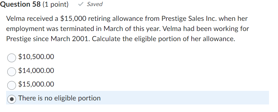 Question 58 [1 point) Saved Velma received a