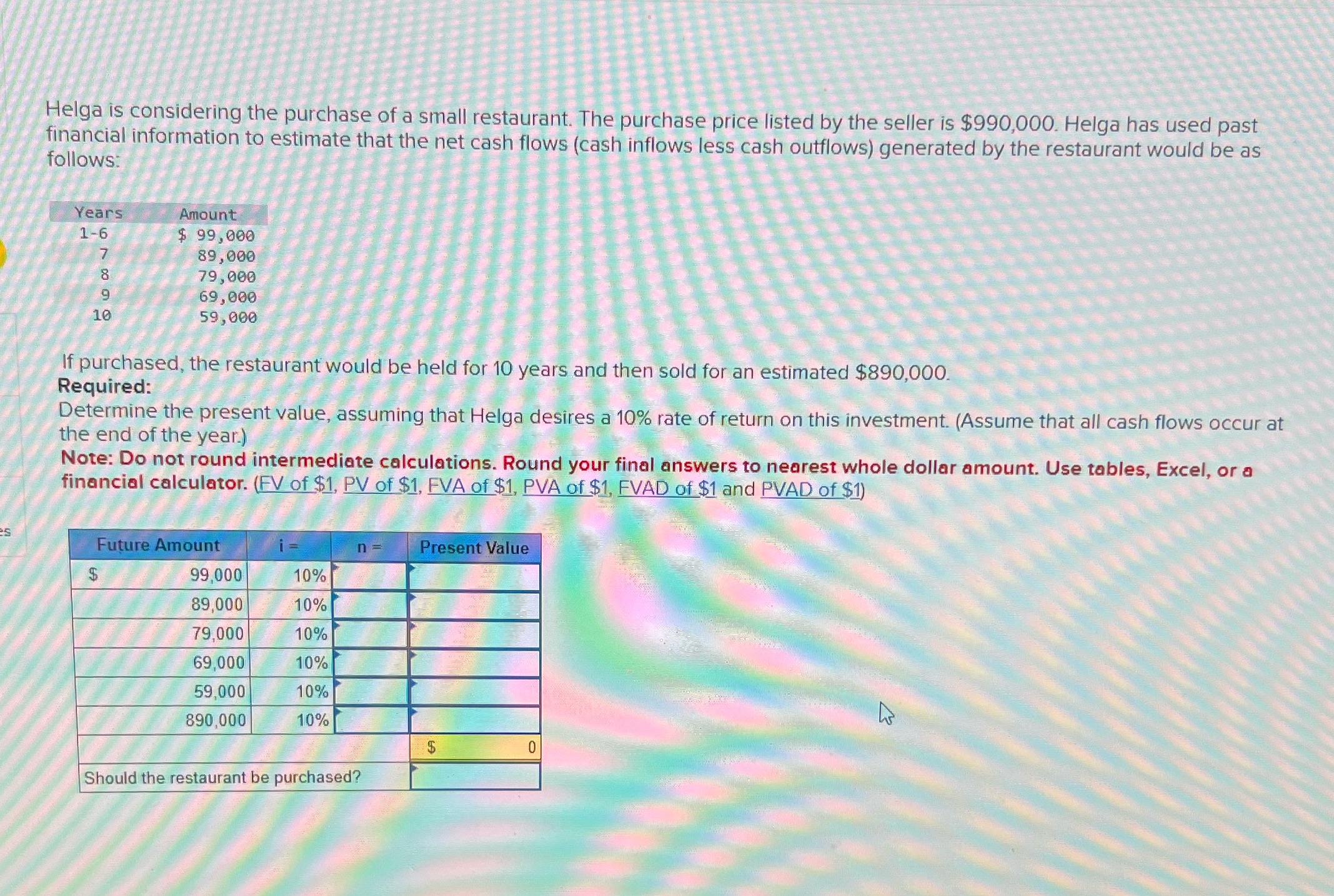 Helga is considering the purchase of a small