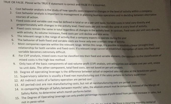 TRUE OR FALSE. Please write TRUE if statement is