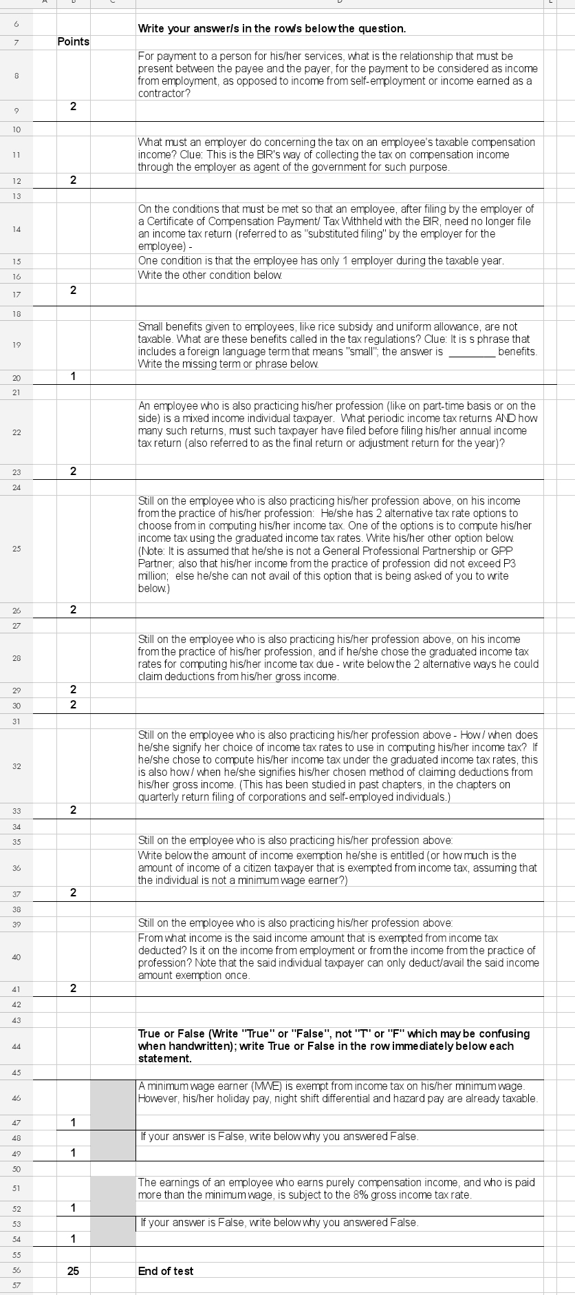 6 Write your answers in the rows below the