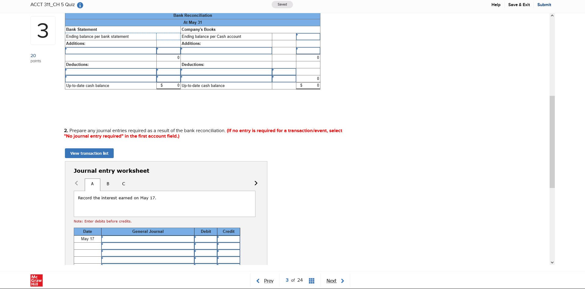 ACCT 311_CH 5 Quiz Saved Help Save & Exit Submit