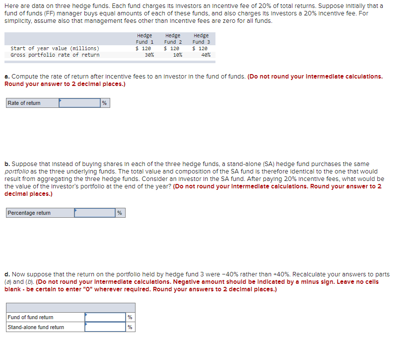 Here are data on three hedge funds. Each fund