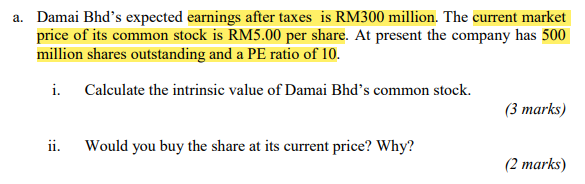 a. Damai Bhd's expected earnings after taxes