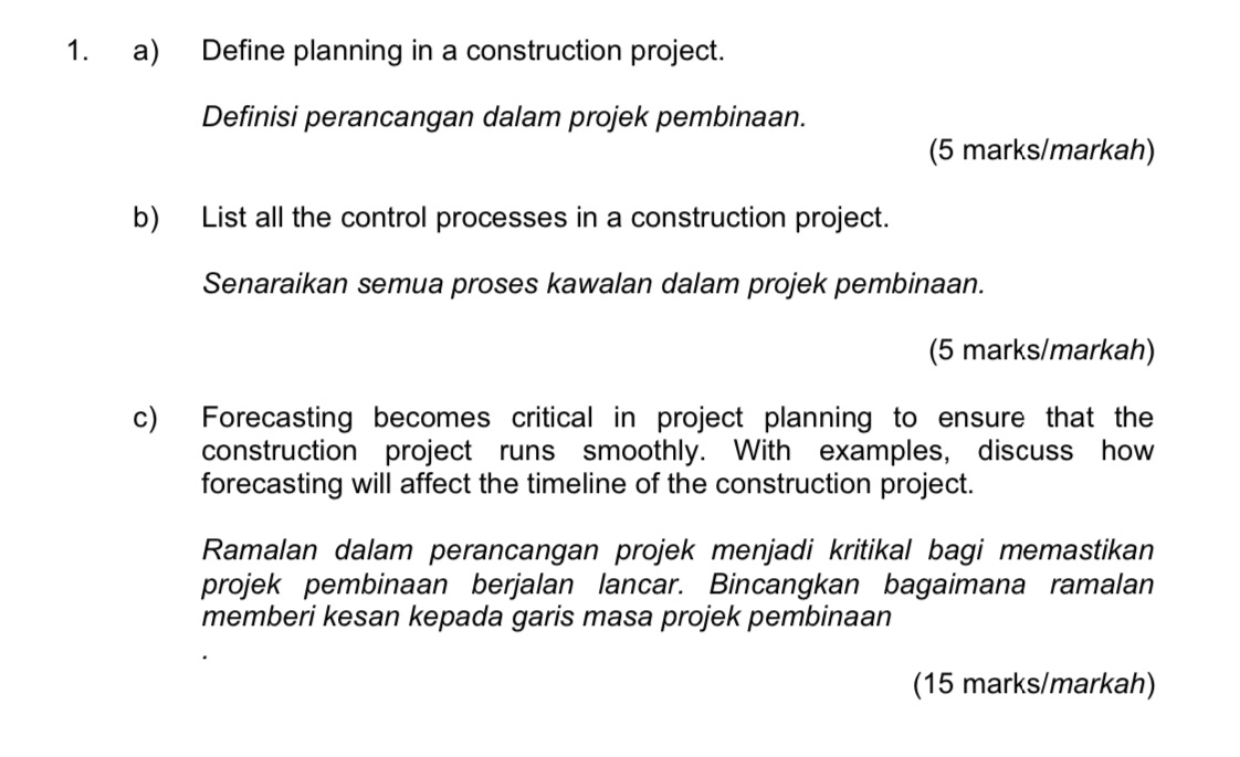 Help me 1. a) Define planning in a construction