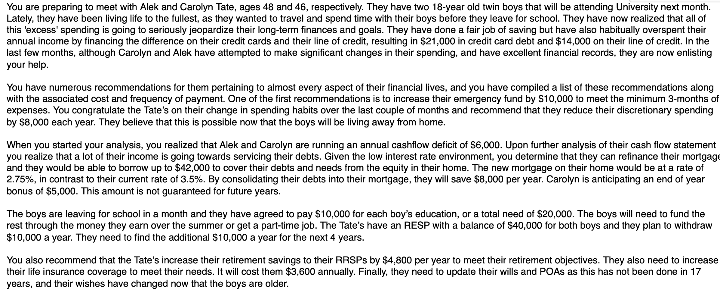 You are preparing to meet with Alek and Carolyn