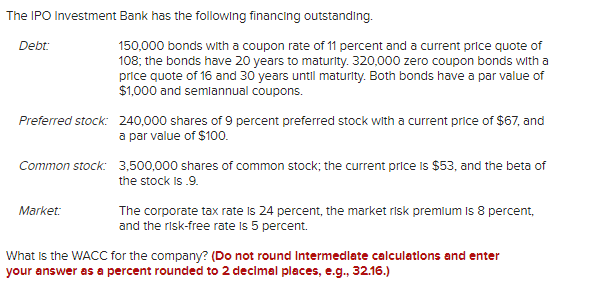 The IPO Investment Bank has the following