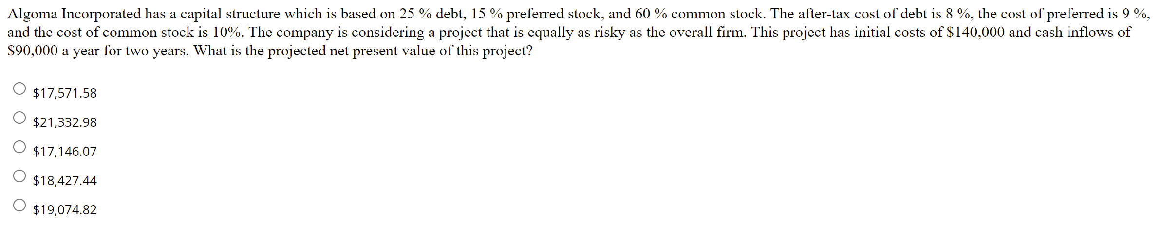 \fAlgoma Incorporated has a capital structure