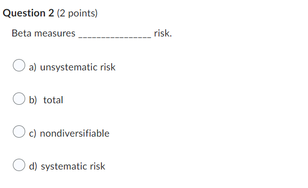 Question 1 (2 points) The return on your