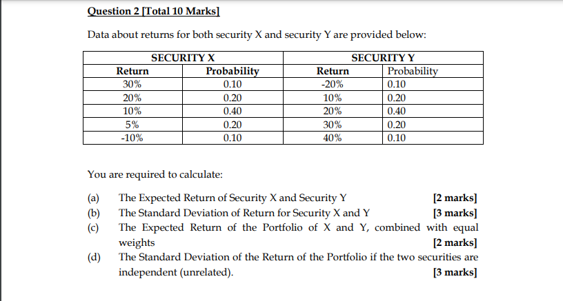 Question 2 [Total 10 Marks] Data about returns