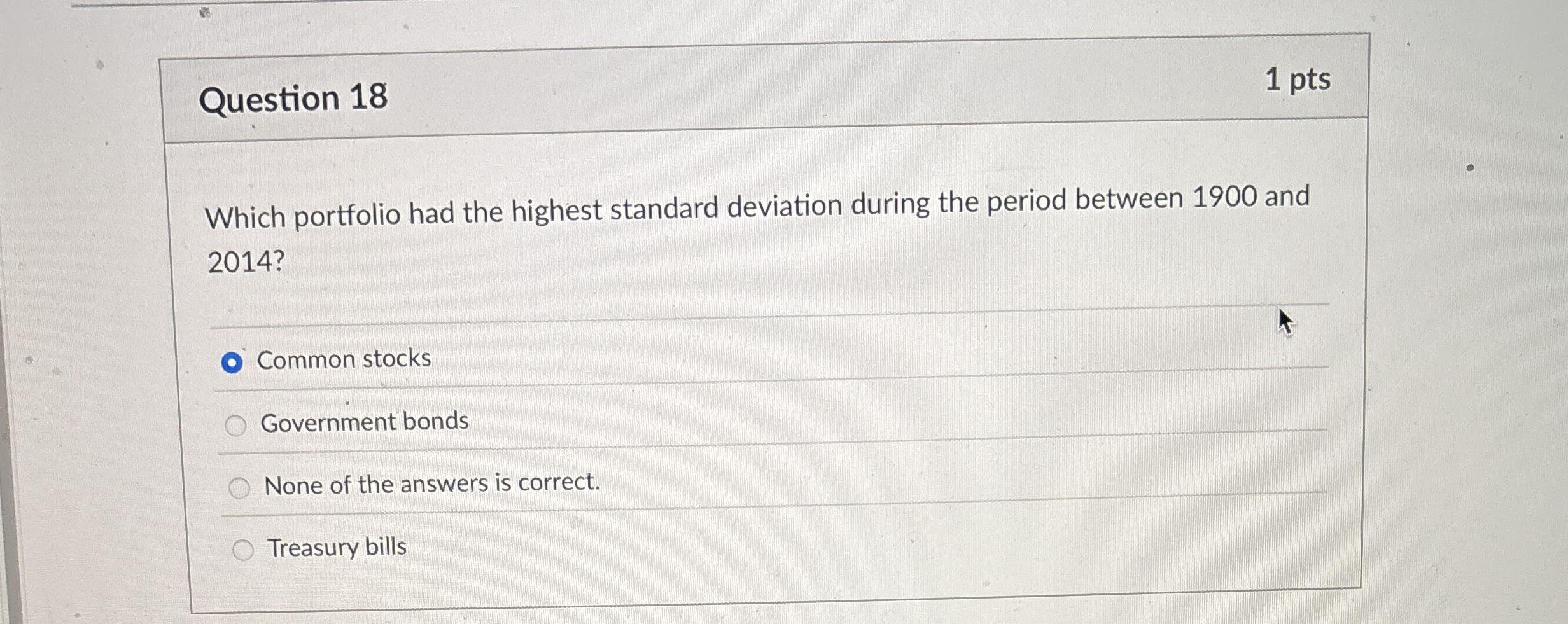 Question 1 8 1 pts Which portfolio had the