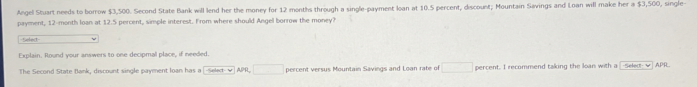 Angel Stuart needs to borrow $ 3 , 5 0 0 . Second