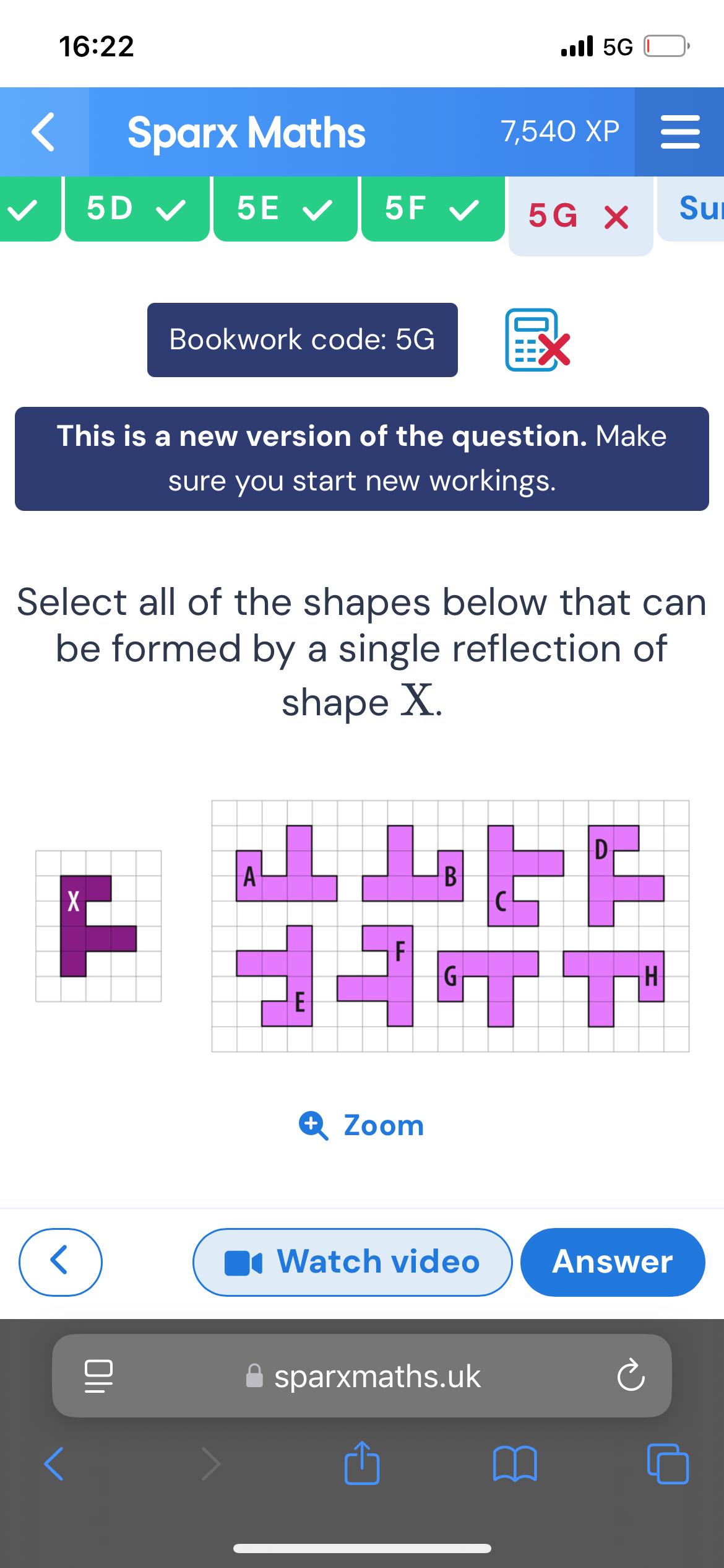 16:22 < Sparx Maths 5D 5E 5F .Ill 5G 7,540 XP =