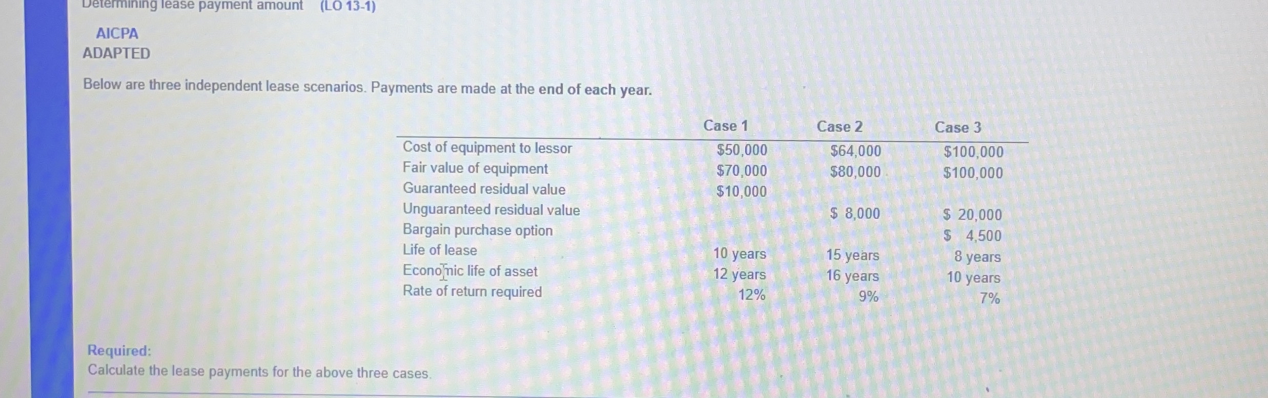 calculate the lease payments for the above three