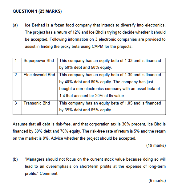 QUESTION 1 ( 2 5 MARKS ) ( a ) Ice Berhad is a