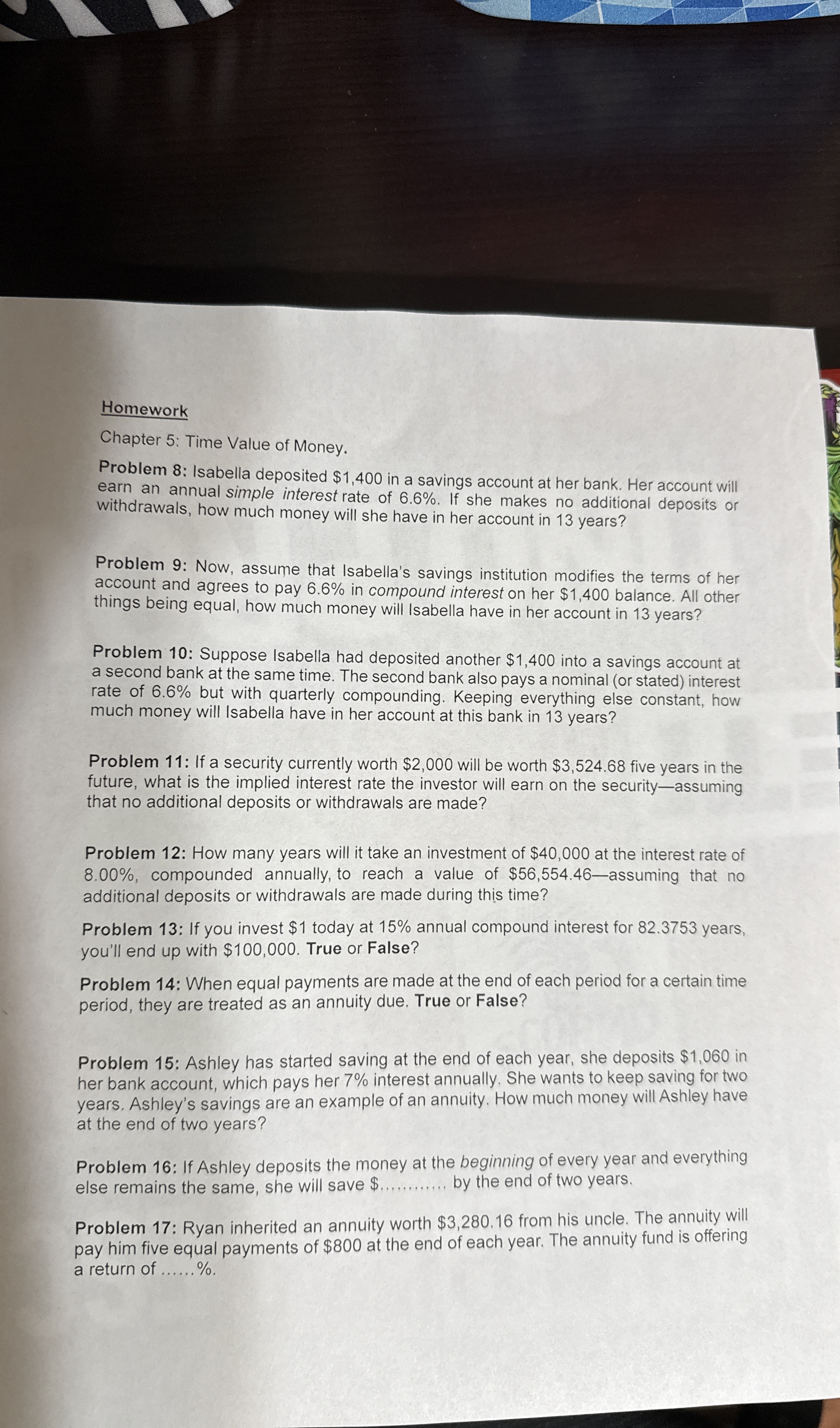 Homework Chapter 5 : Time Value of Money. Problem