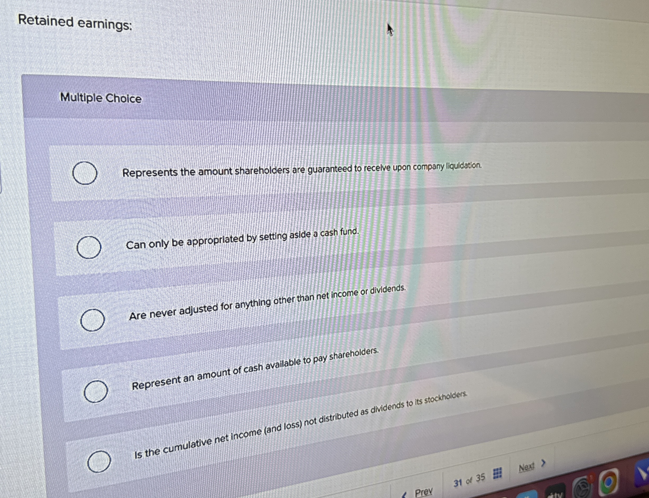 Retained earnings: Multiple Choice Represents the