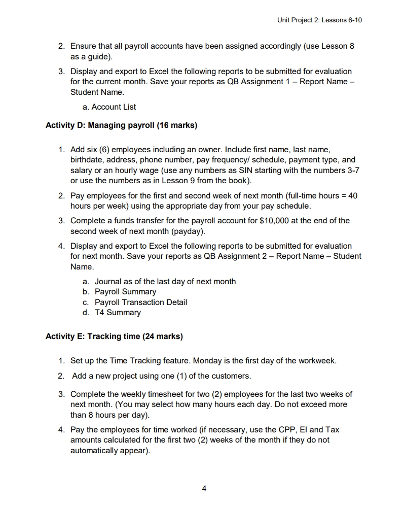 Unit Project 2: Lessons 6-10 (84 marks total)