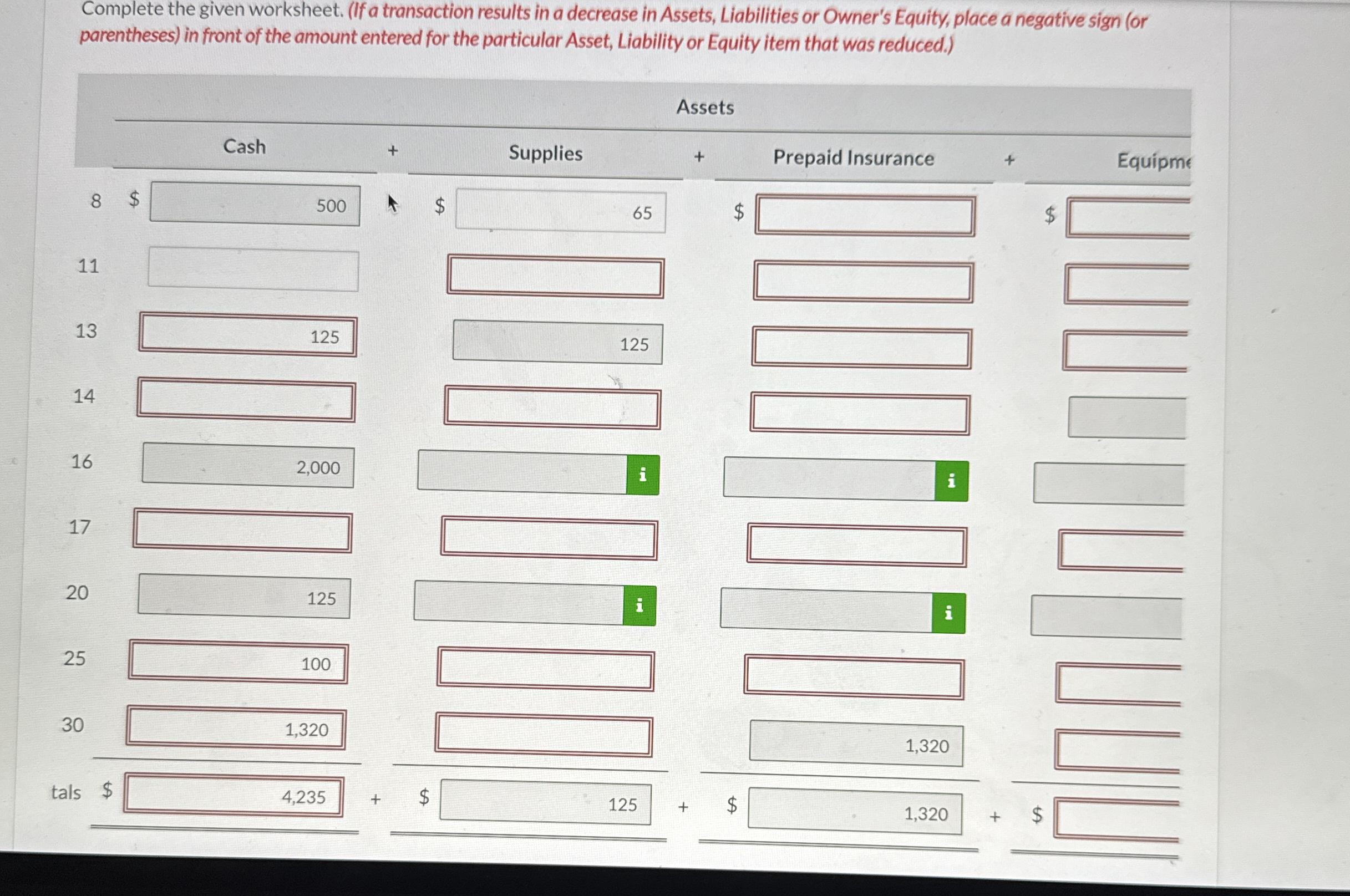Complete the given worksheet. ( If a transaction