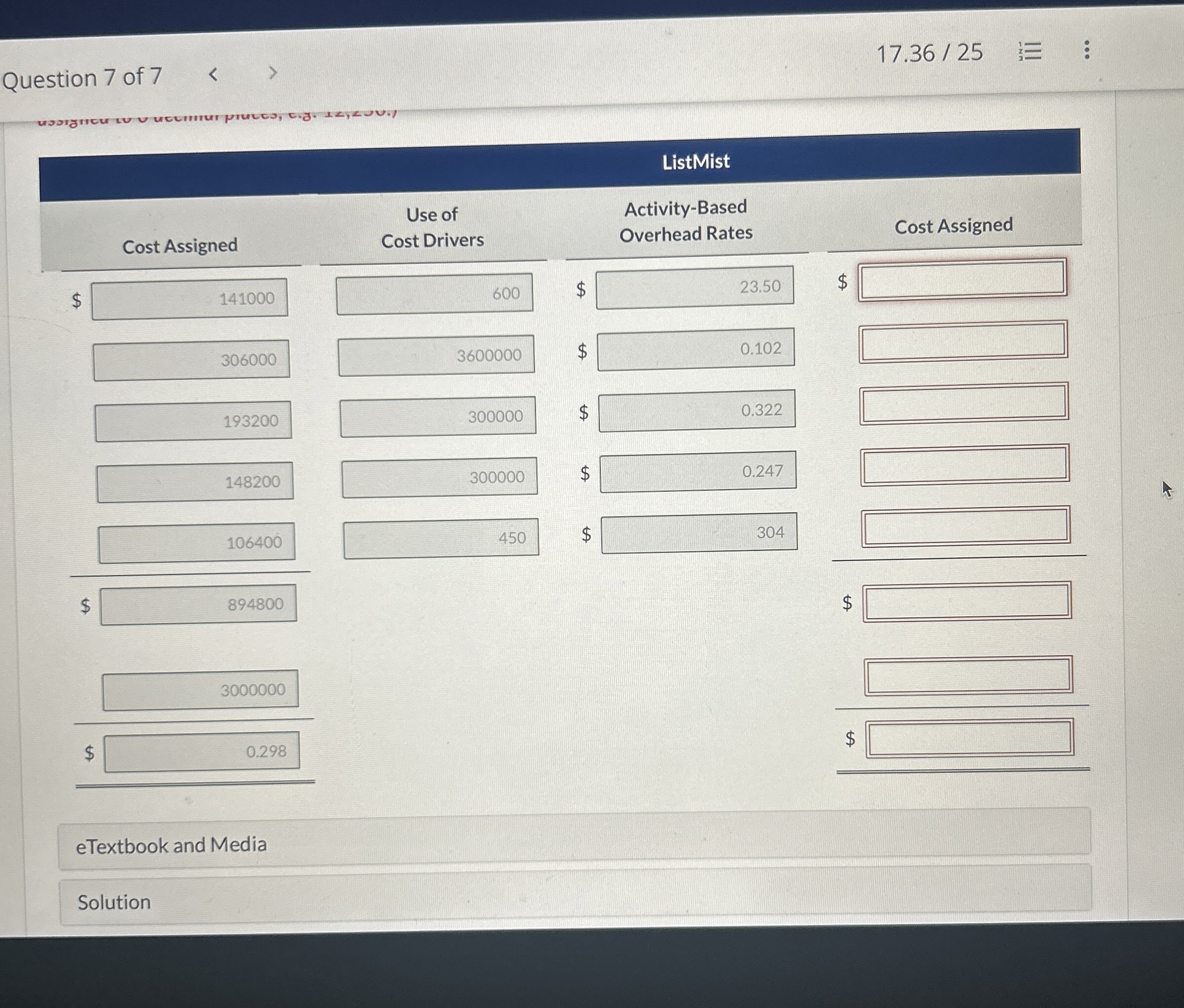 1 7 . 3 6 2 5 Question 7 of 7 ListMist $ Activity