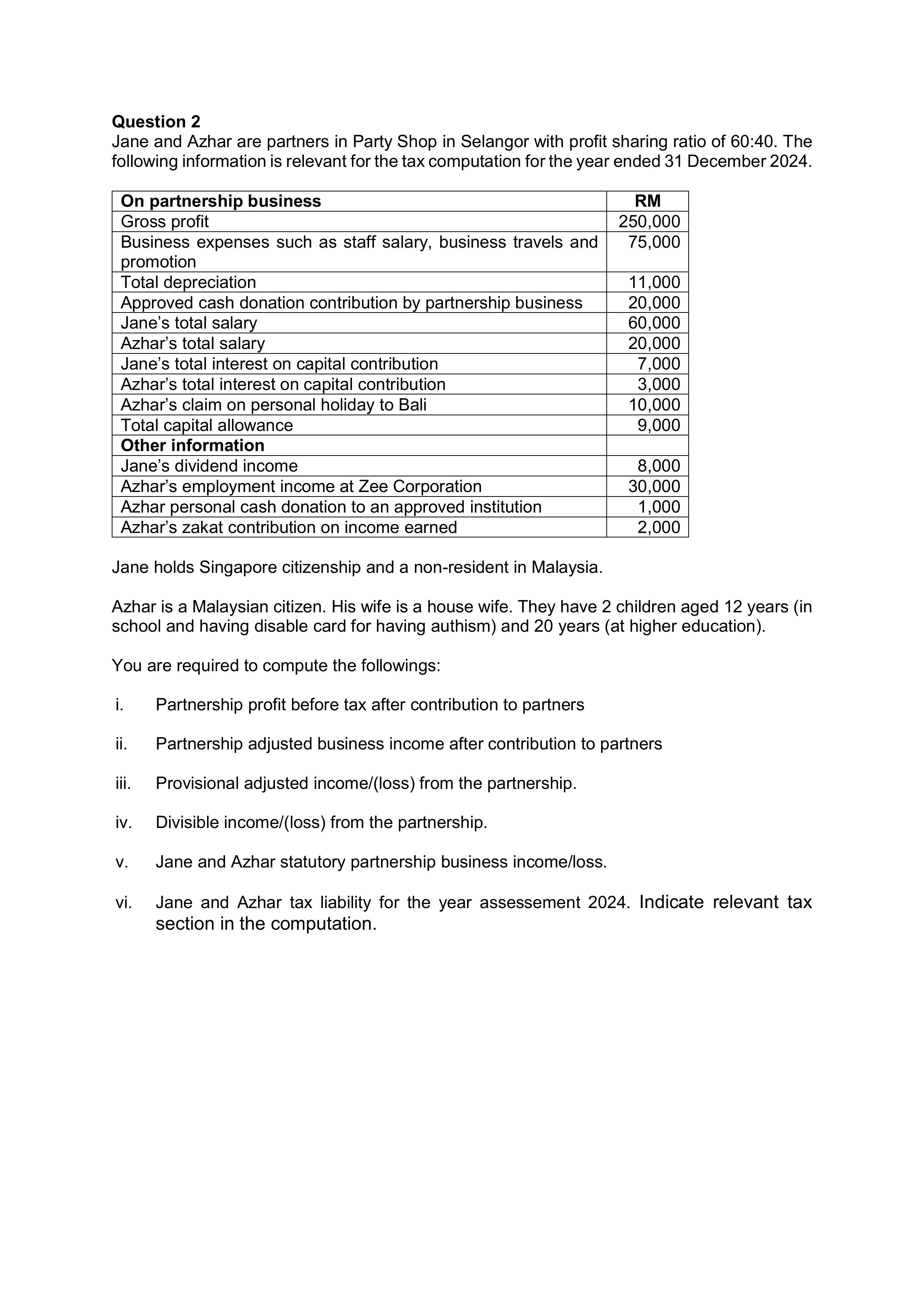 Question 2 Jane and Azhar are partners in Party