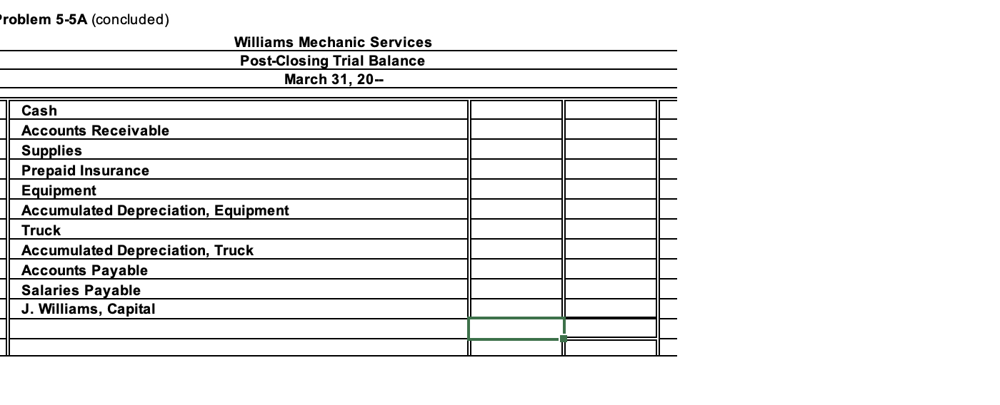 Partial Work Sheet for Williams Mechanic Services
