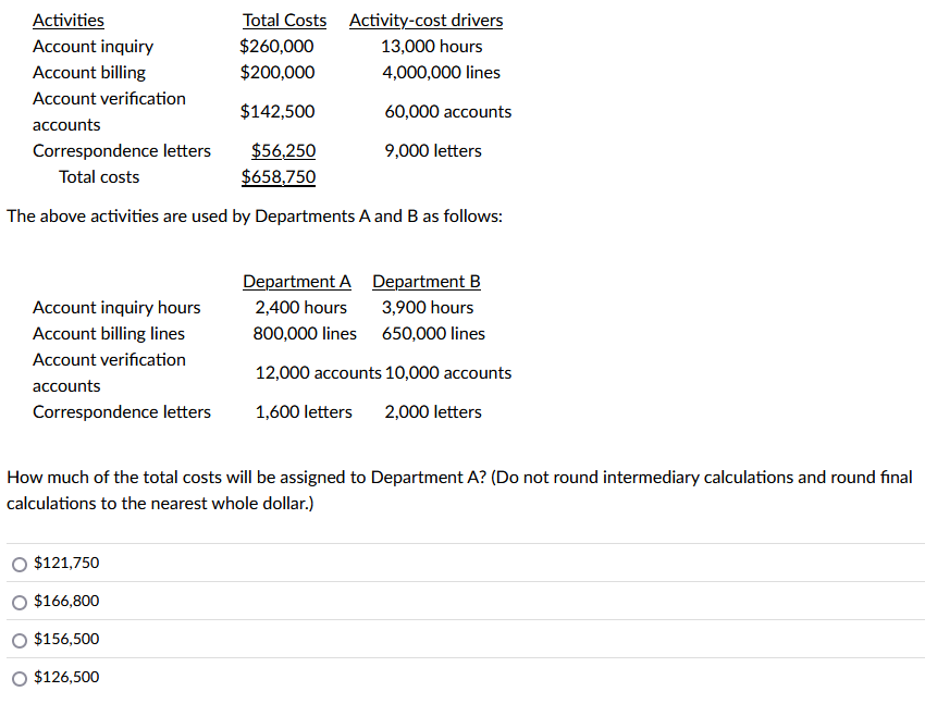 The above activities are used by Departments \ (