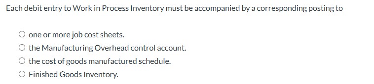 Each debit entry to Work in Process Inventory