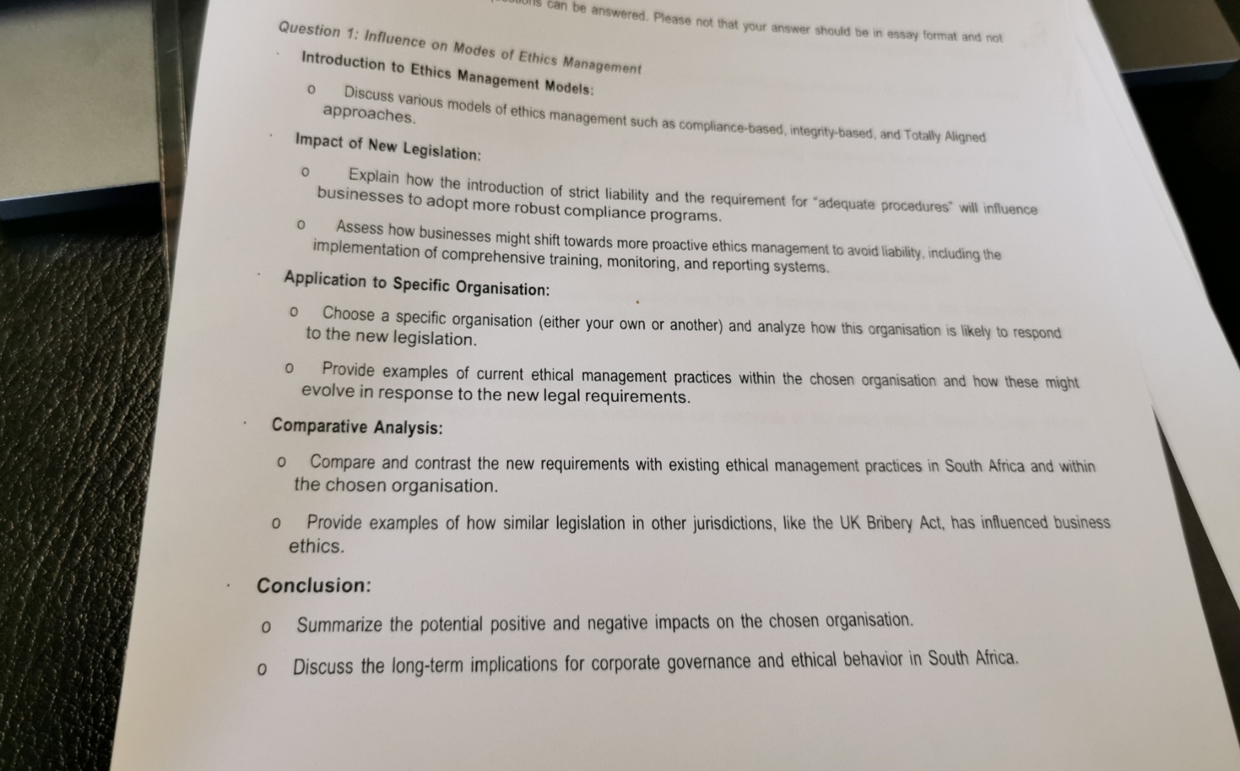 Question 1 : Influence on Modes of Ethics