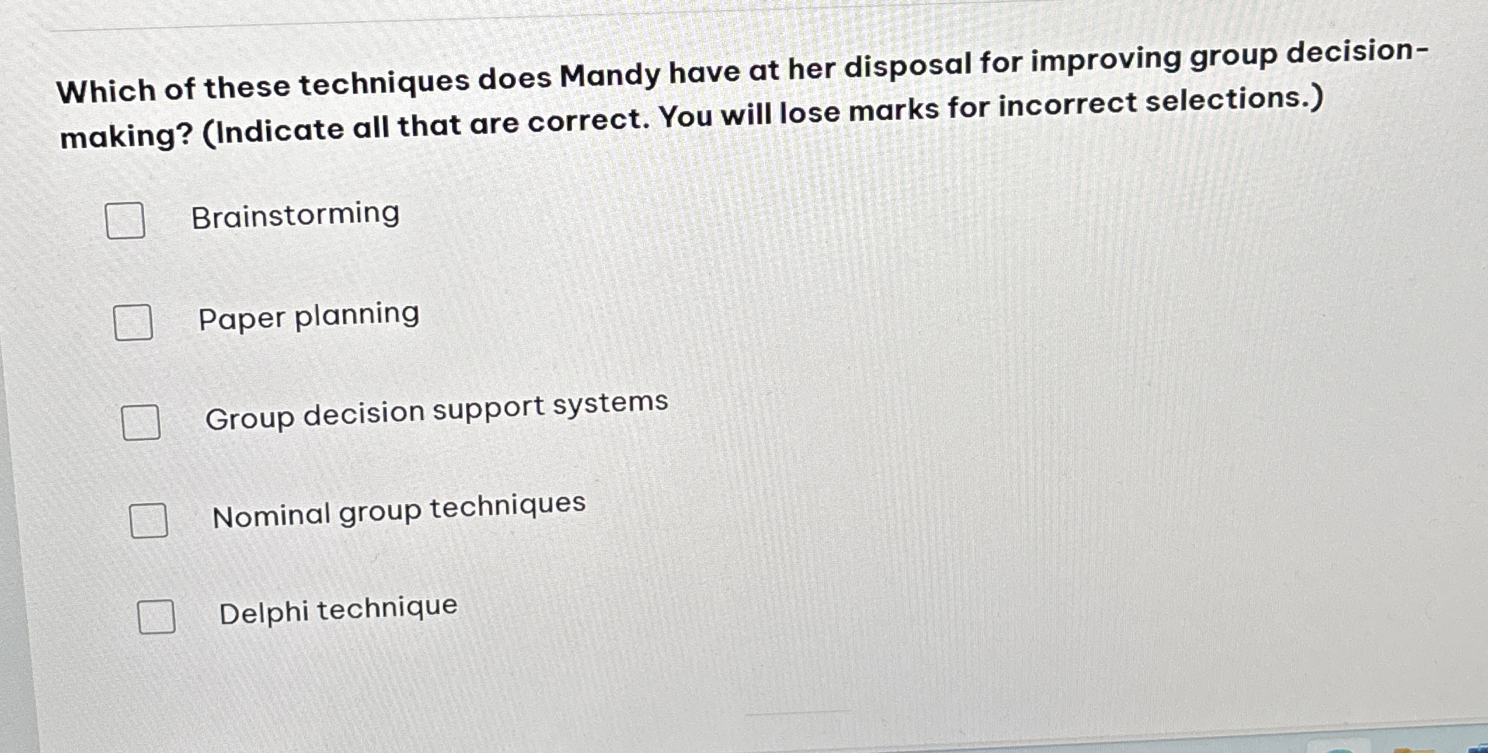 Which of these techniques does Mandy have at her