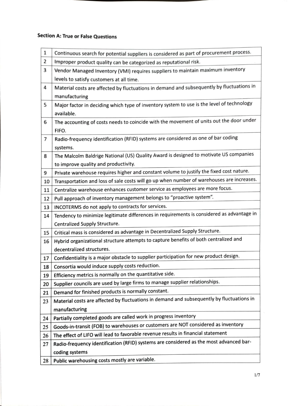 Section A: True or False Questions 1 Continuous