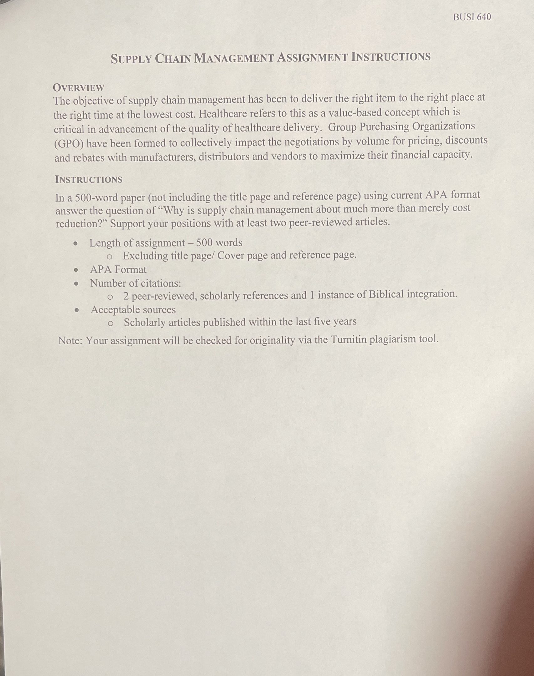 BUSI 640 SUPPLY CHAIN MANAGEMENT ASSIGNMENT