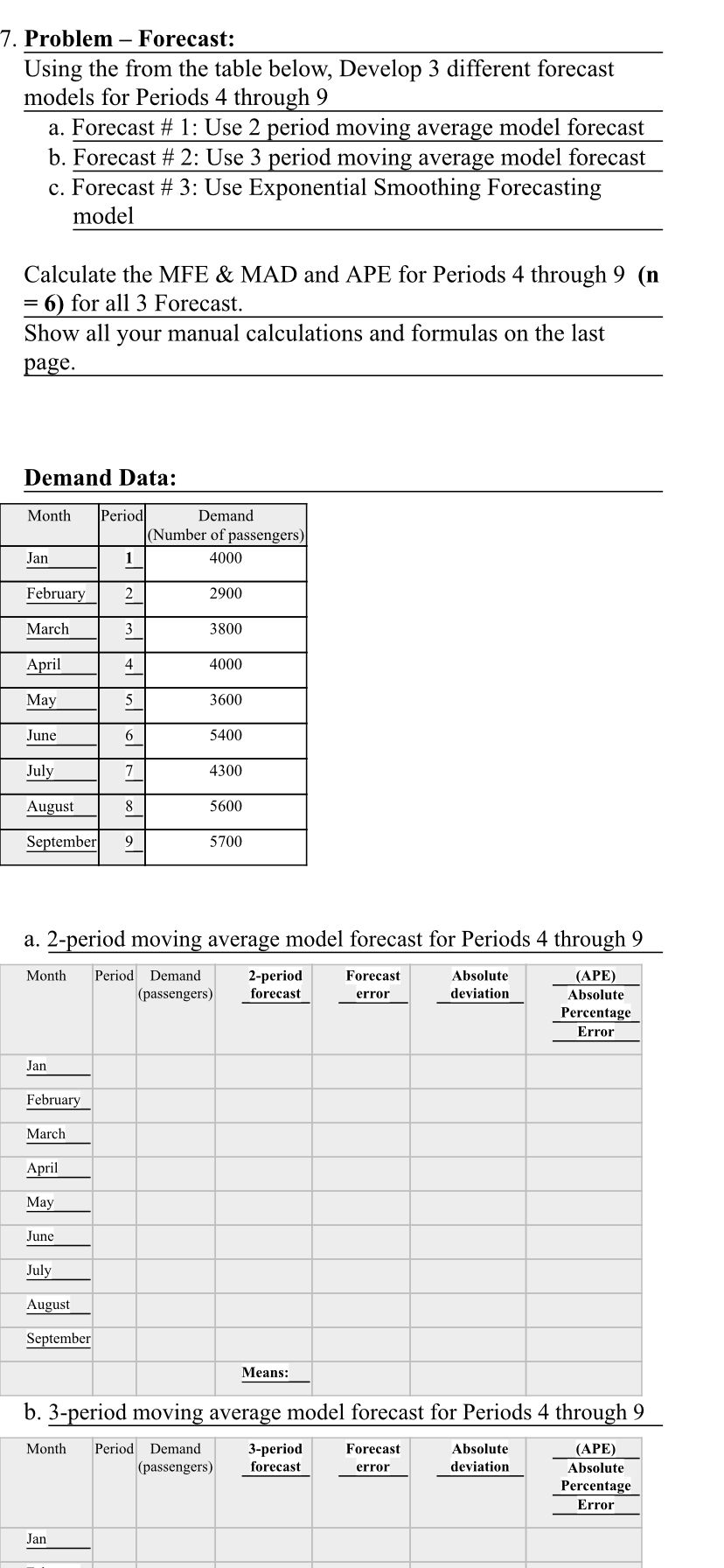 7. Problem - Forecast: Using the from the table