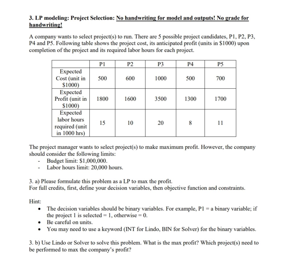 3. LP modeling: Project Selection: No handwriting