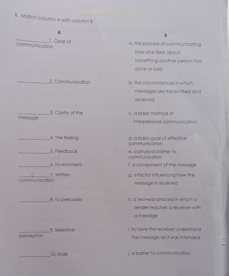 I. Match column A with column B A 1 . Goal of