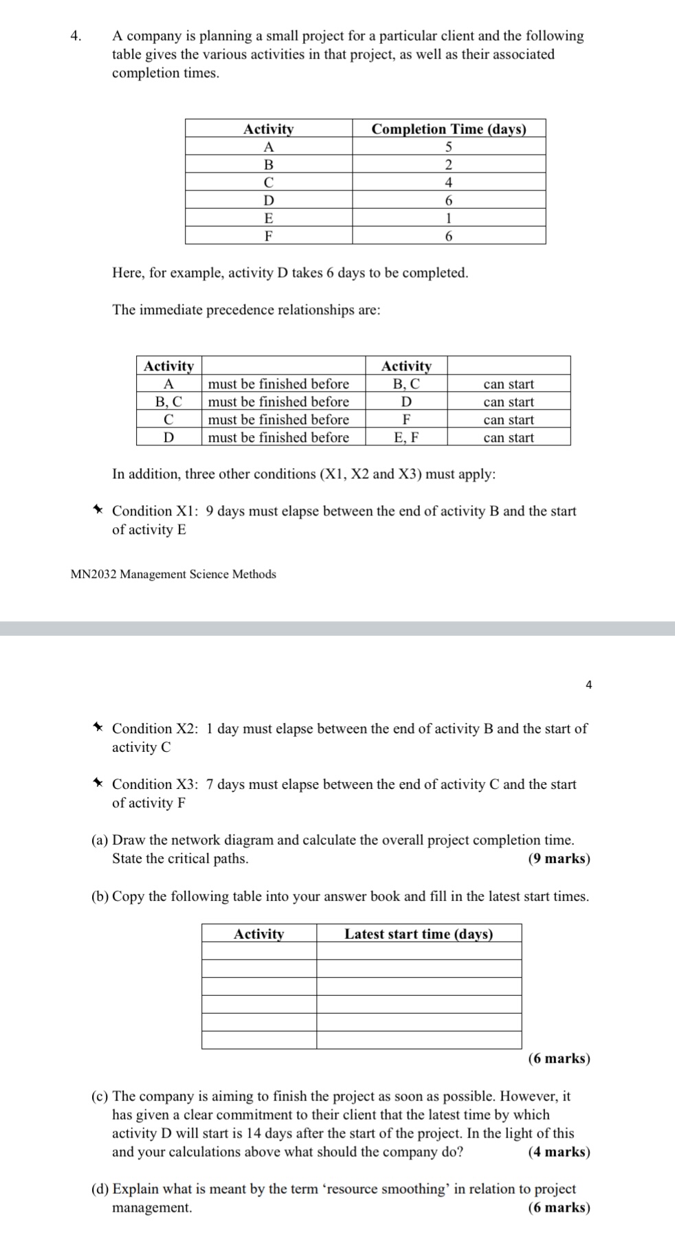 4 . A company is planning a small project for a