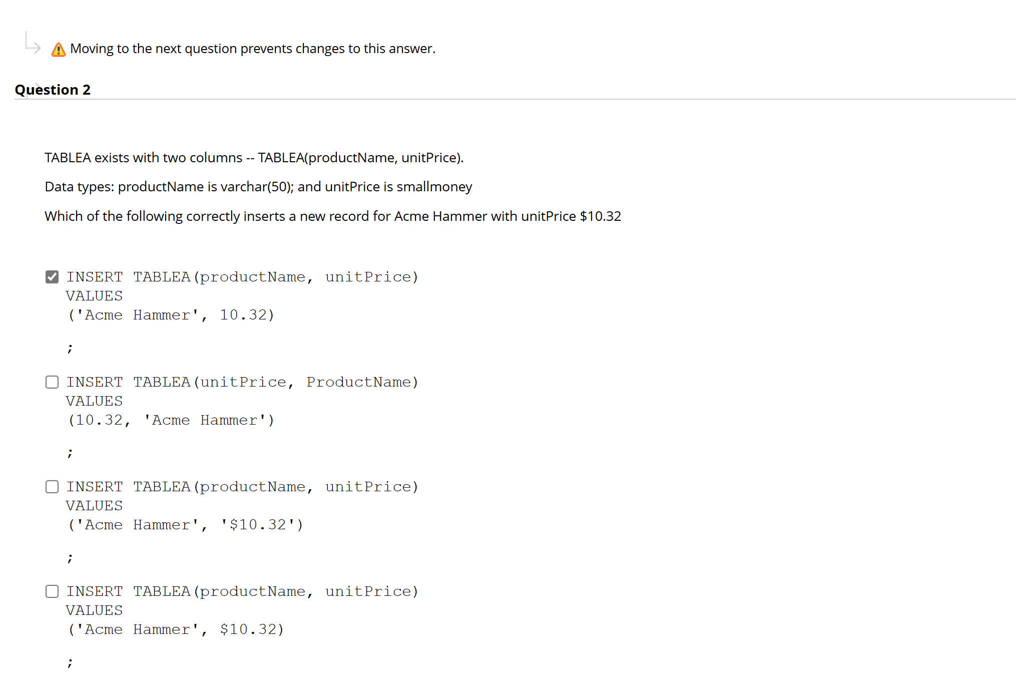TABLEA exists with two columns - - TABLEA (
