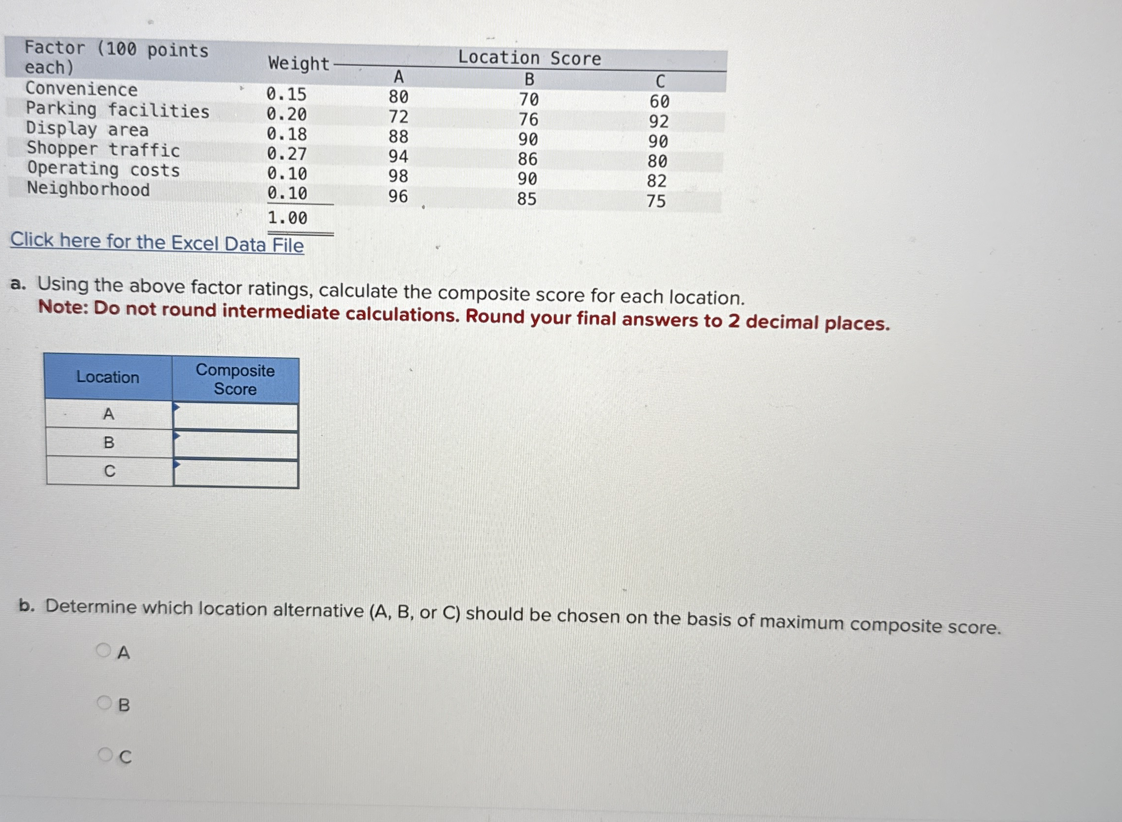 \ table [ [ Factor ( 1 0 0 points,Weight,Location